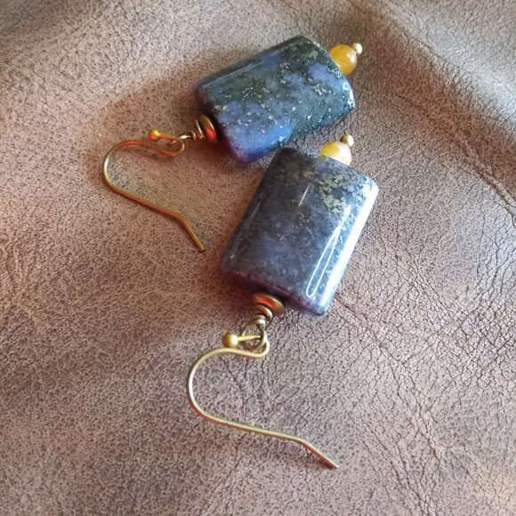 Minimalist! Night Sky + Stars! Deep Blue Speckled Jasper Earrings - Picture 4 of 7